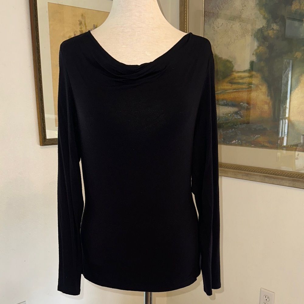 Coldwater Creek Drop Neck Black Long Sleeve Cotton Top Size Medium